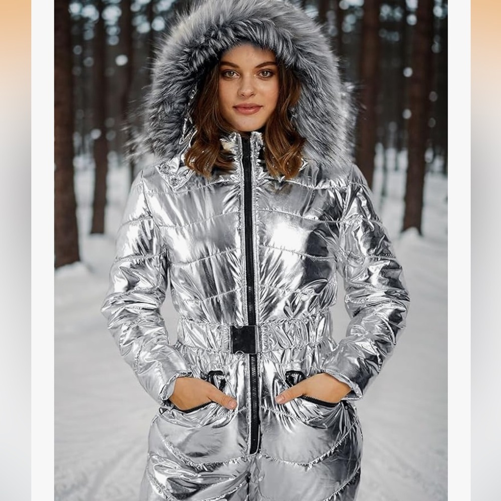 Aurgelmir metallic silver faux fir one piece belted lined ski snow suit